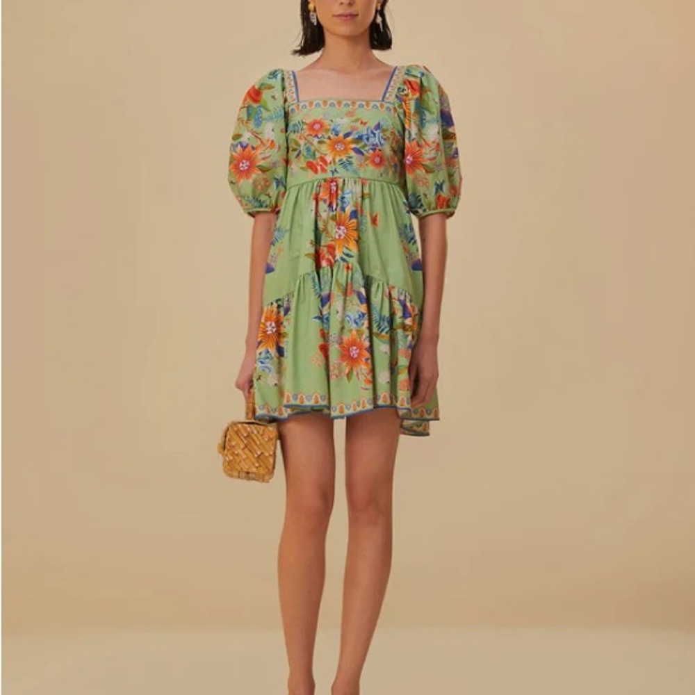 FARM Rio Green Floral Puff-Sleeve Mini Dress - Picture 1 of 4